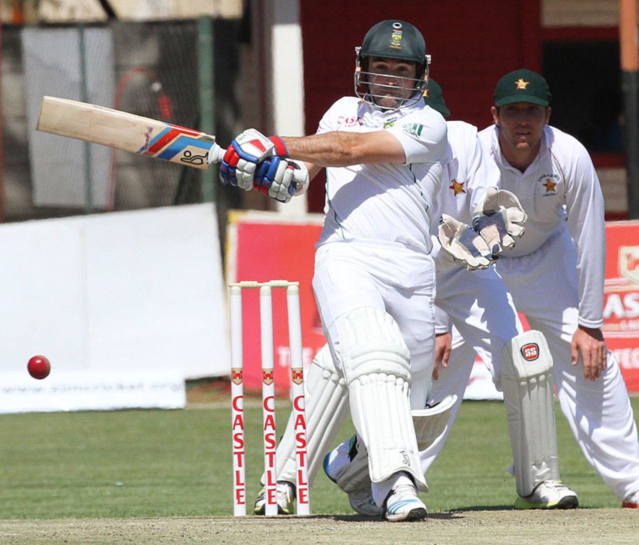 Dean Elgar goes for the pull, Zimbabwe v South Africa, only Test, Harare, 2nd day, August 10, 2014