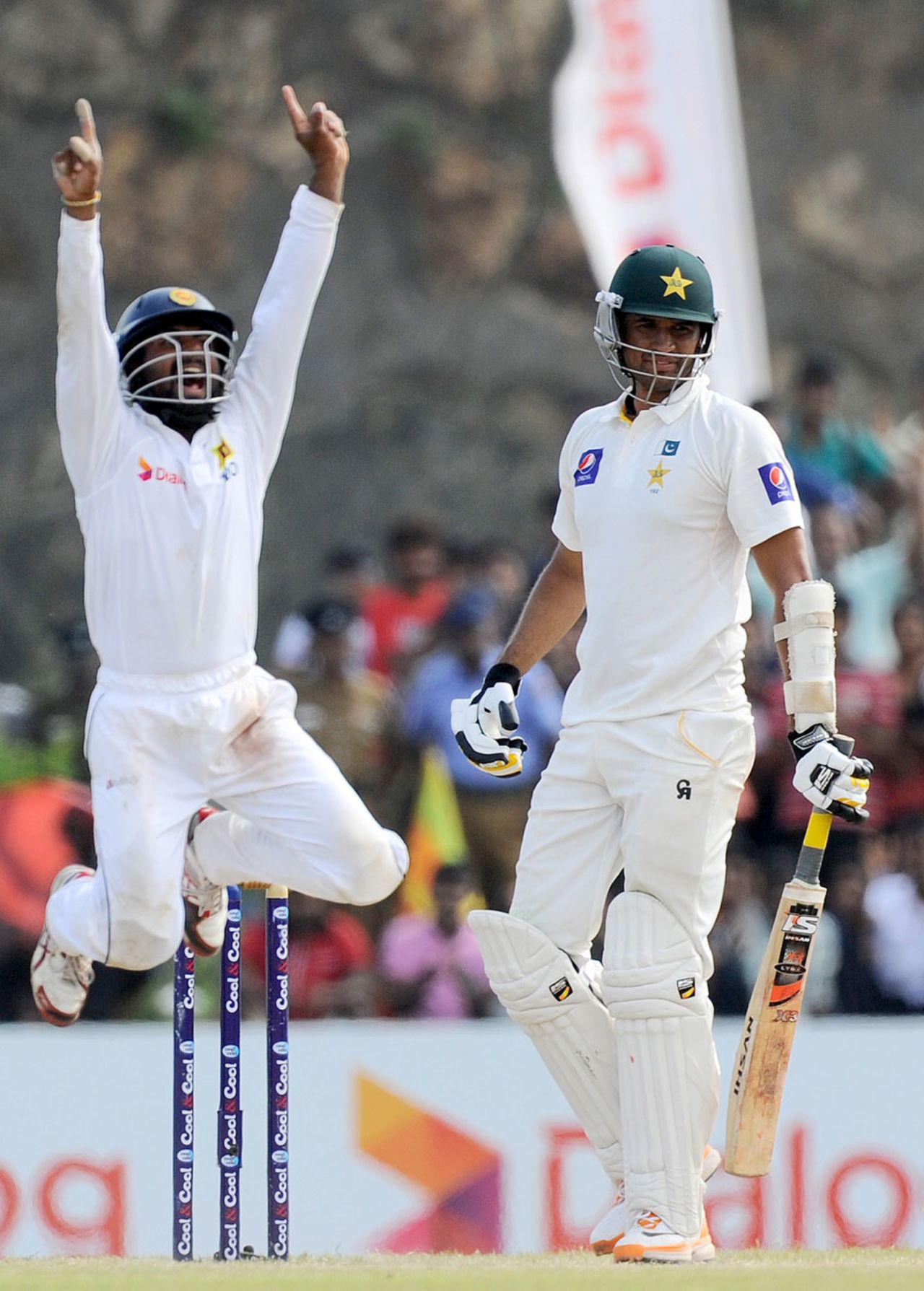 Kaushal Silva leaps in joy after the wicket of Mohammad Talha, Sri Lanka v Pakistan, 1st Test, Galle, 5th day, August 10, 2014