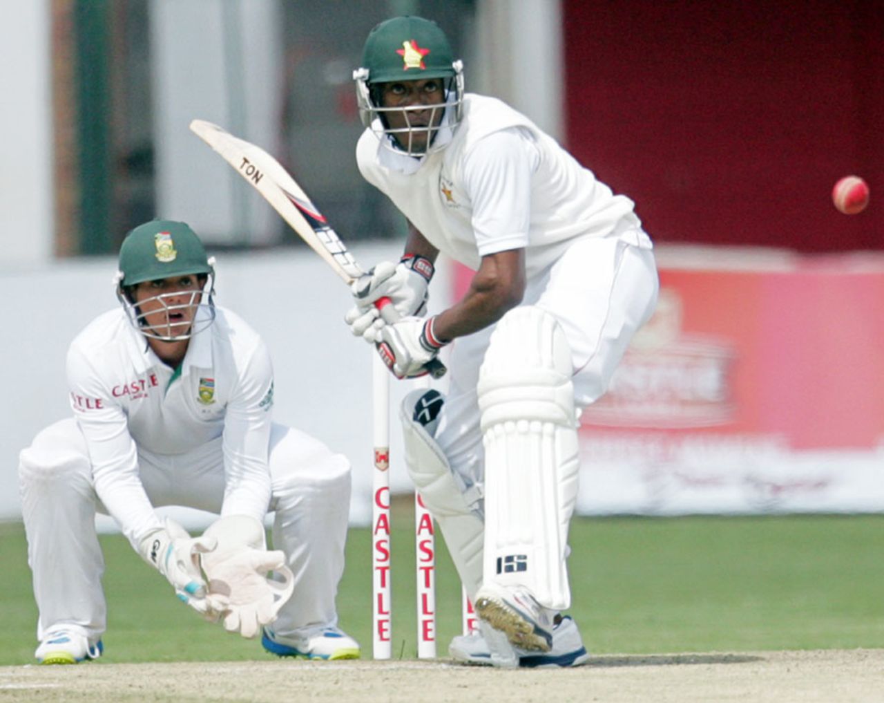 Vusi Sibanda prepares to play the ball, Zimbabwe v South Africa, only Test, Harare, 4th day, August 12, 2014