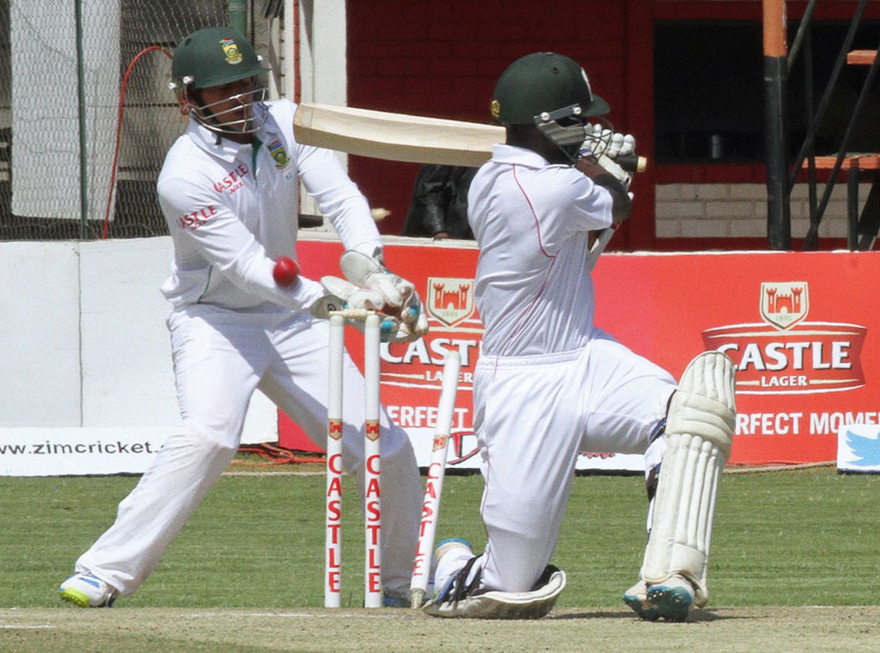 Donald Tiripano was bowled by Dane Piedt for 5 off 63 balls, Zimbabwe v South Africa, only Test, Harare, 4th day, August 12, 2014