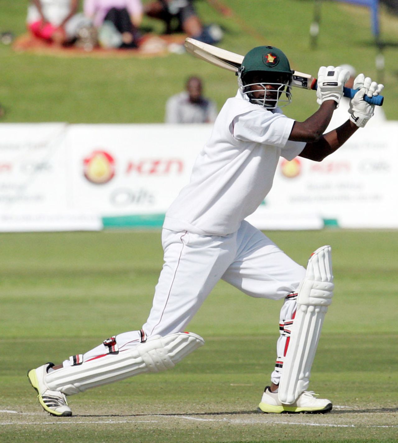 Richmond Mutumbami attacks the off side, Zimbabwe v South Africa, only Test, Harare, 4th day, August 12, 2014