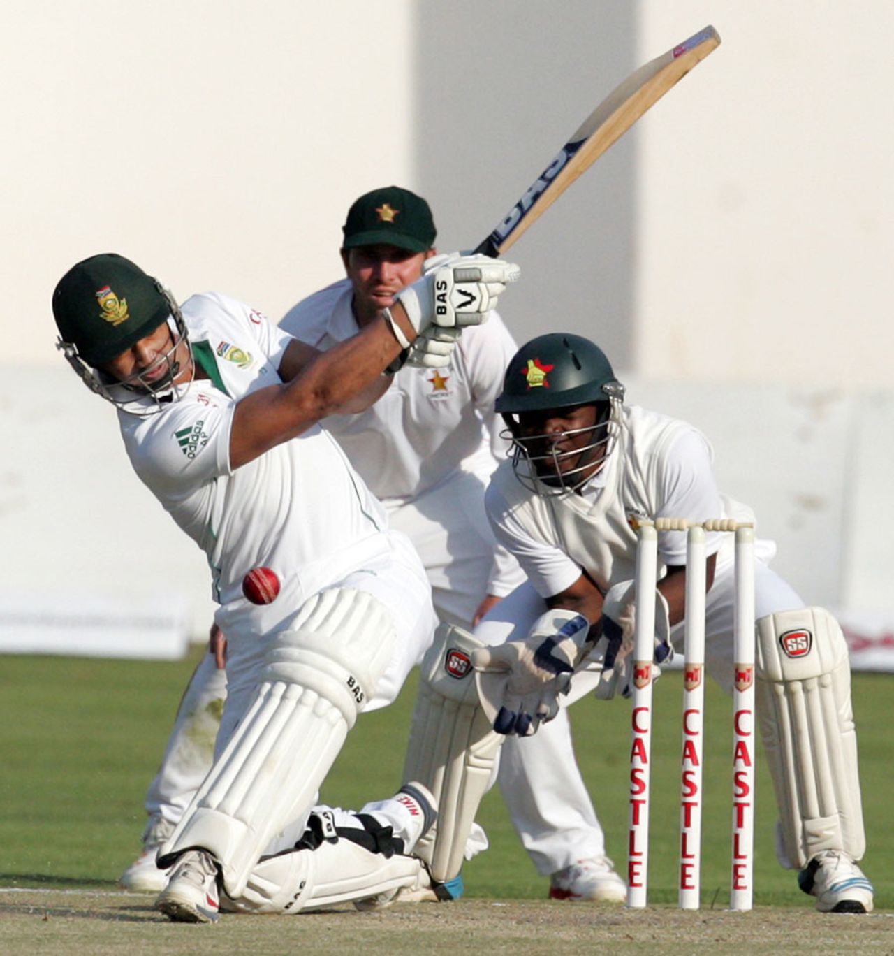 Alviro Petersen goes for a big hit, Zimbabwe v South Africa, only Test, Harare, 4th day, August 12, 2014