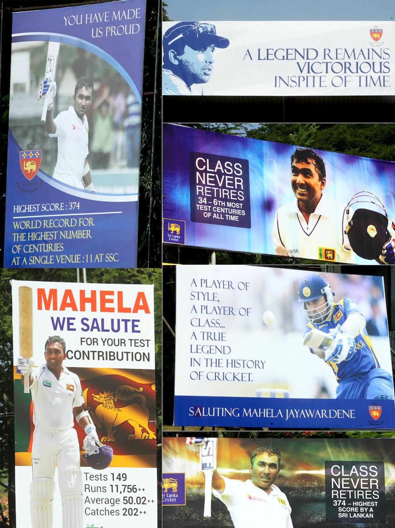 Billboards at the SSC celebrating Mahela Jayawardene's Test career, Sri Lanka v Pakistan, 2nd Test, Colombo, 1st day, August 14, 2014