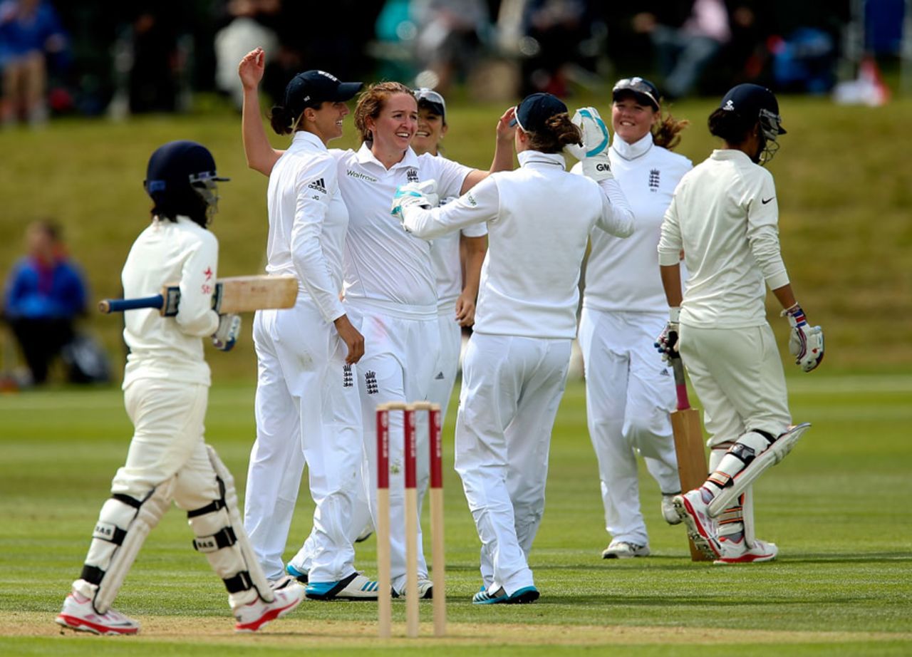 Kate Cross finished with 3 for 29, England Women v India Women, Only Test, Wormsley, 2nd day, August 14, 2014