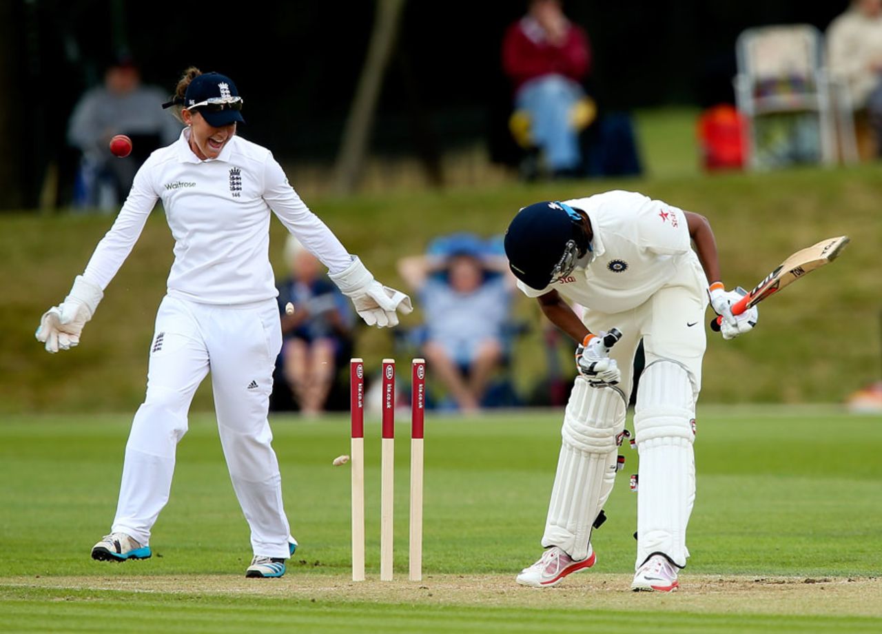 Jhulan Goswami is bowled, England Women v India Women, Only Test, Wormsley, 2nd day, August 14, 2014