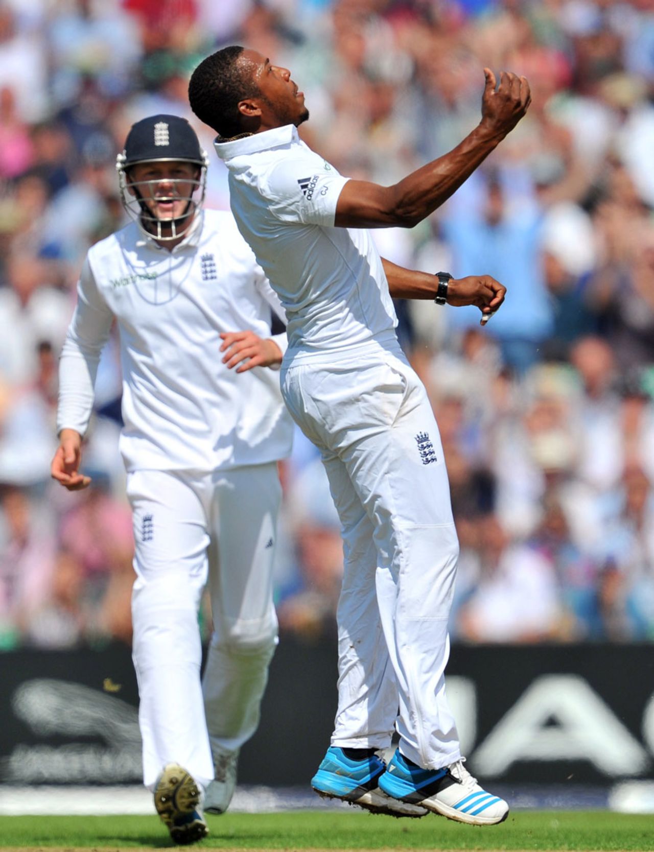 Chris Jordan is elated after catching Ajinkya Rahane off his own bowling, England v India, 5th Investec Test, The Oval, 1st day, August 15, 2014