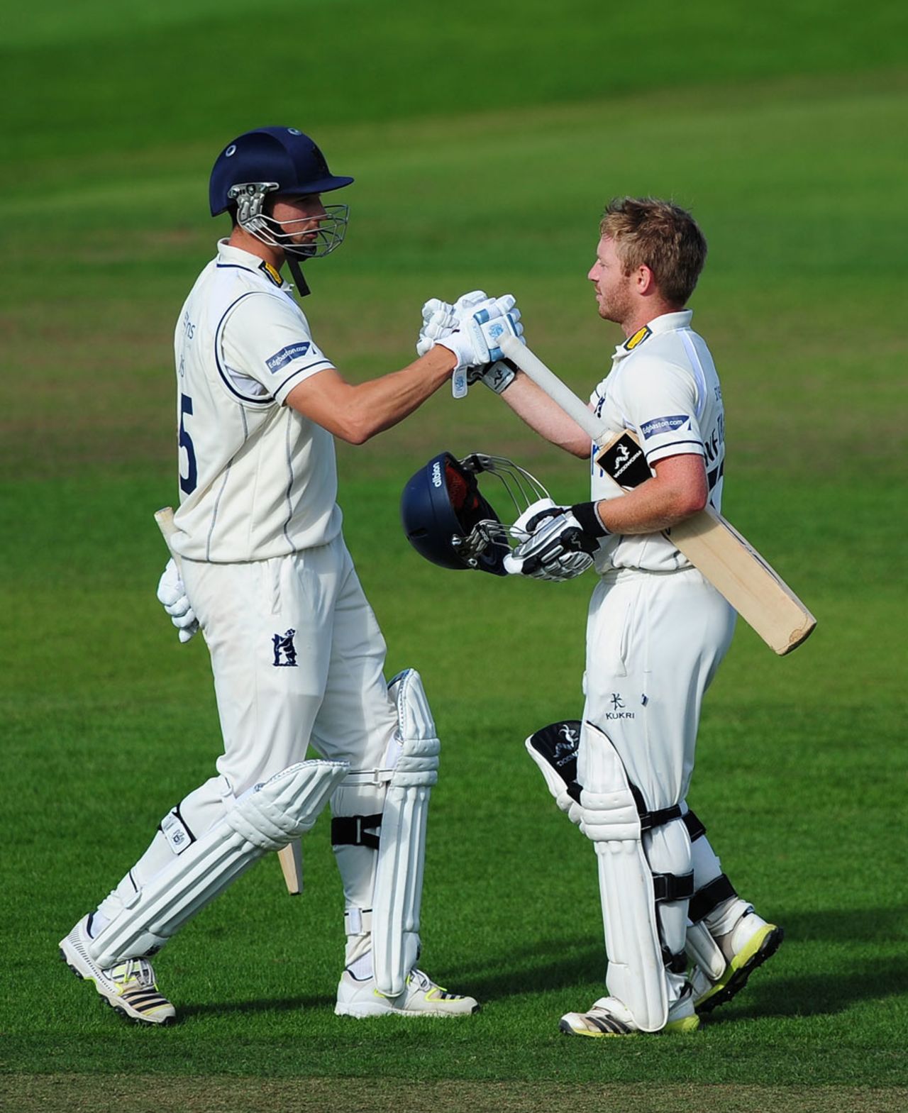 Ian Westwood gets a handshake on reaching his hundred, Somerset v Warwickshire, County Championship, Division One, Taunton, 1st day, August 15, 2014