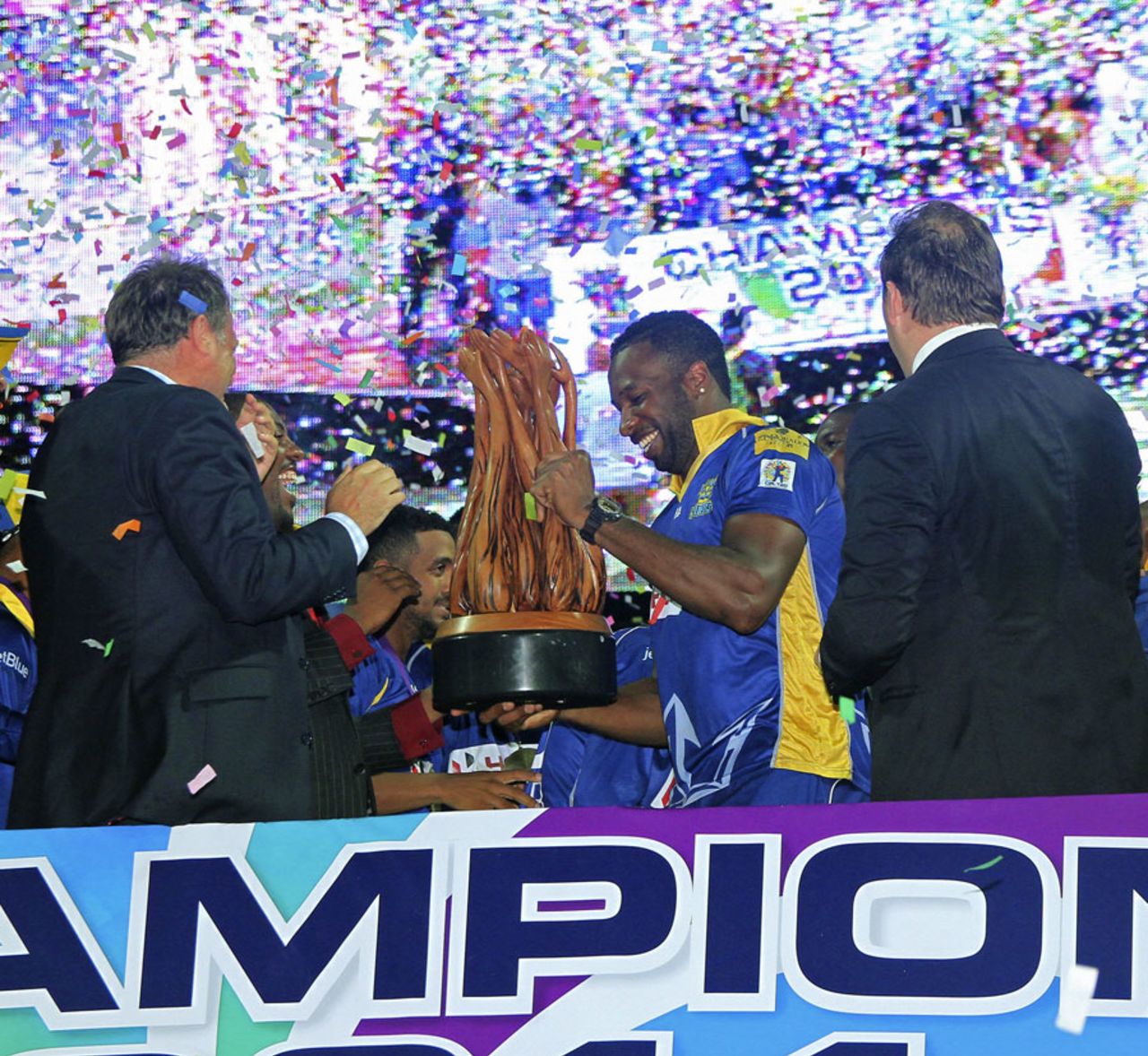Kieron Pollard with the CPL trophy, Barbados Tridents v Guyana Amazon Warriors, CPL 2014 final, St Kitts, August 16, 2014