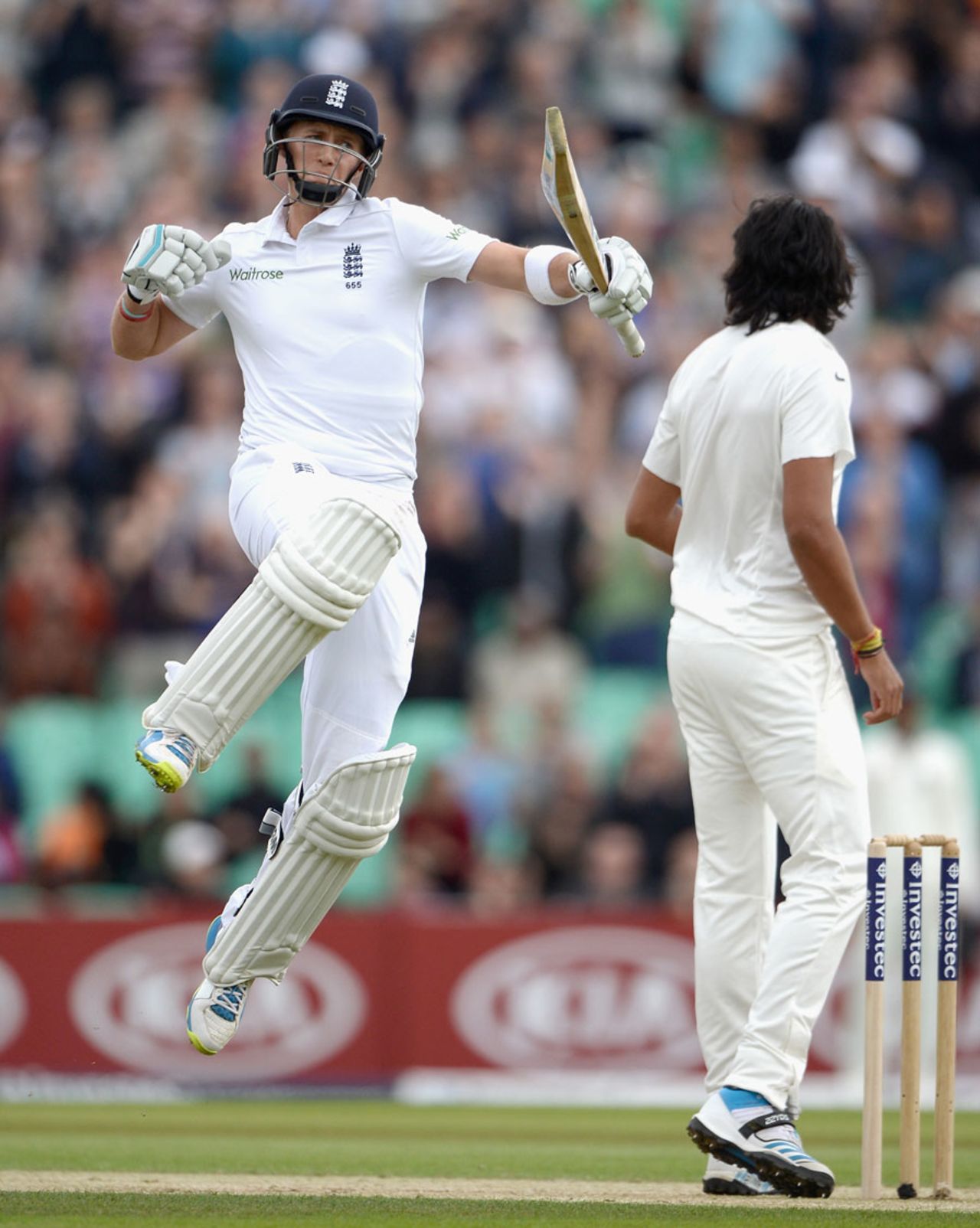 Joe Root leaps into the air after completing his century, England v India, 5th Investec Test, The Oval, 3rd day, August 17, 2014