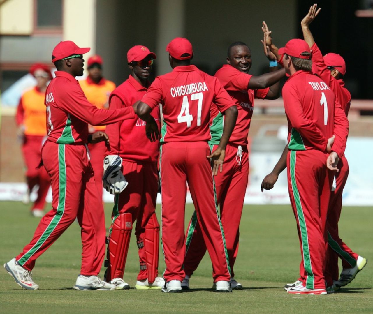 John Nyumbu is congratulated after picking a wicket, Zimbabwe v South Africa, 2nd ODI, Bulawayo, August 19, 2014