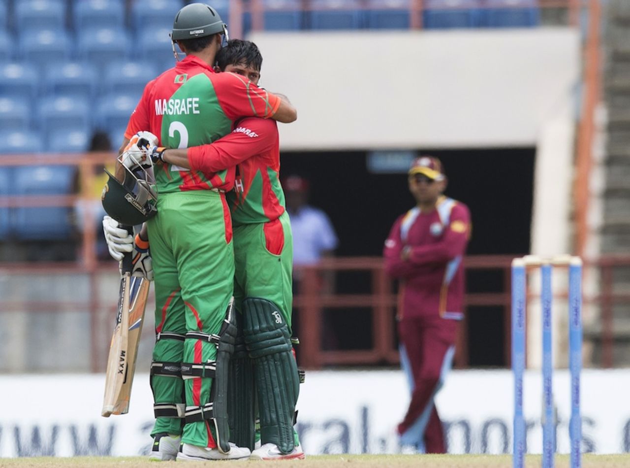 Anamul Haque hugs Mashrafe Mortaza, West Indies v Bangladesh, 1st ODI, St George's, August 20, 2014