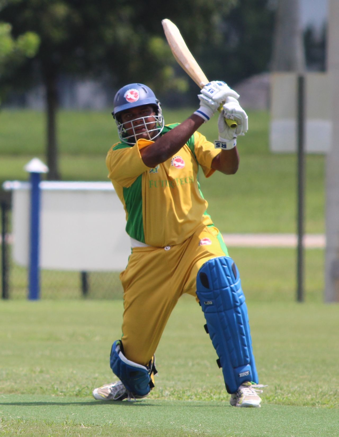 Aditya Thyagarajan completes a lofted drive over extra cover, North East v South West USACA T20 National Championship, Lauderhill, August 15, 2014