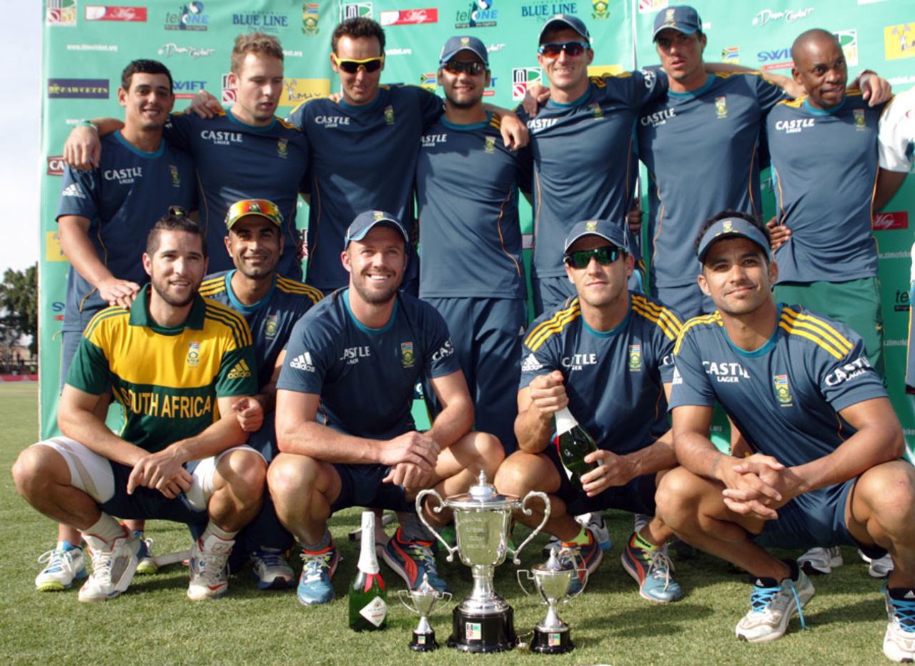 The South Africa players celebrate with the series trophy, Zimbabwe v South Africa, 3rd ODI, Bulawayo, August 21, 2014
