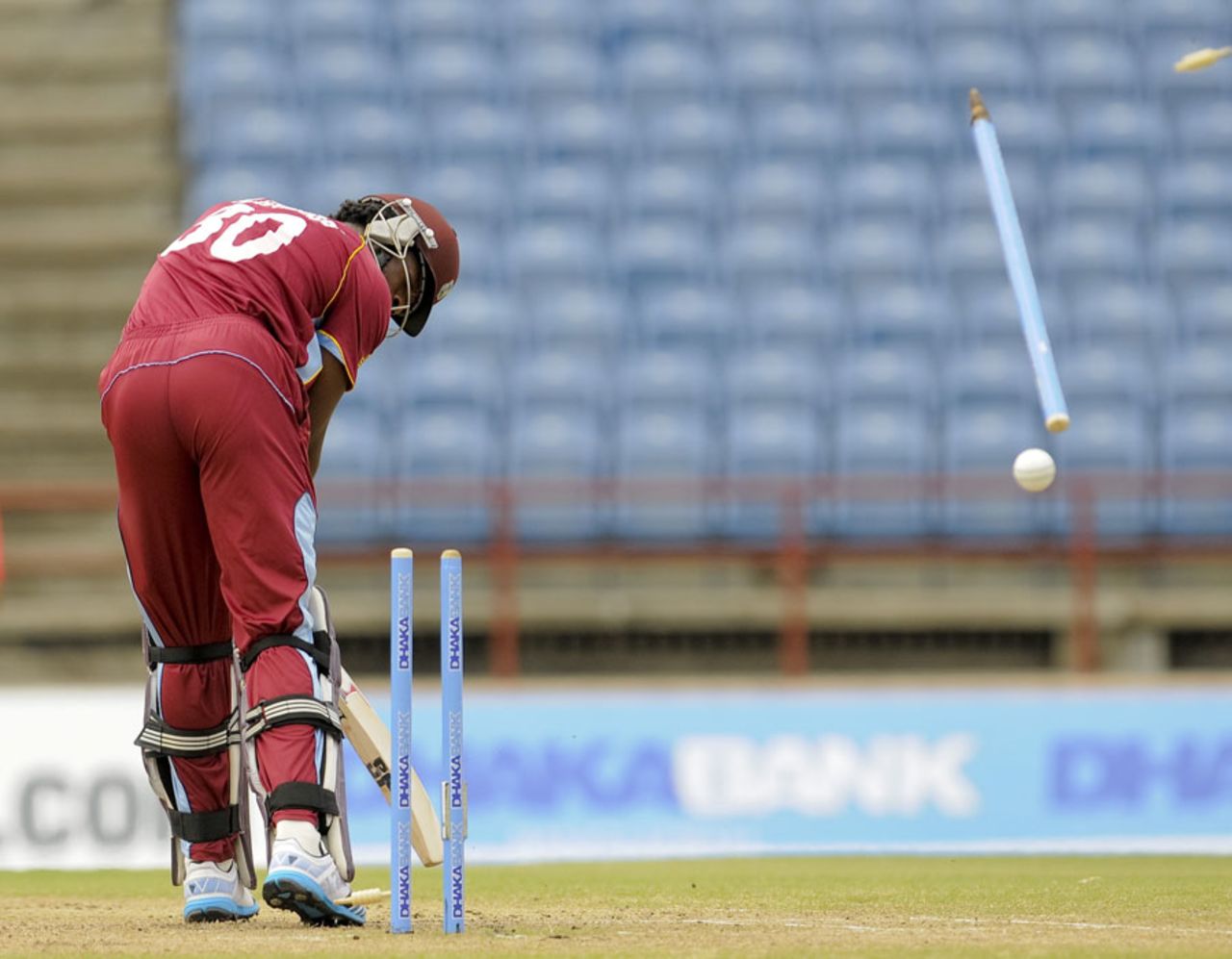 Kirk Edwards lost his off stump for 0, West Indies v Bangladesh, 2nd ODI, St George's, Grenada, August 22, 2014
