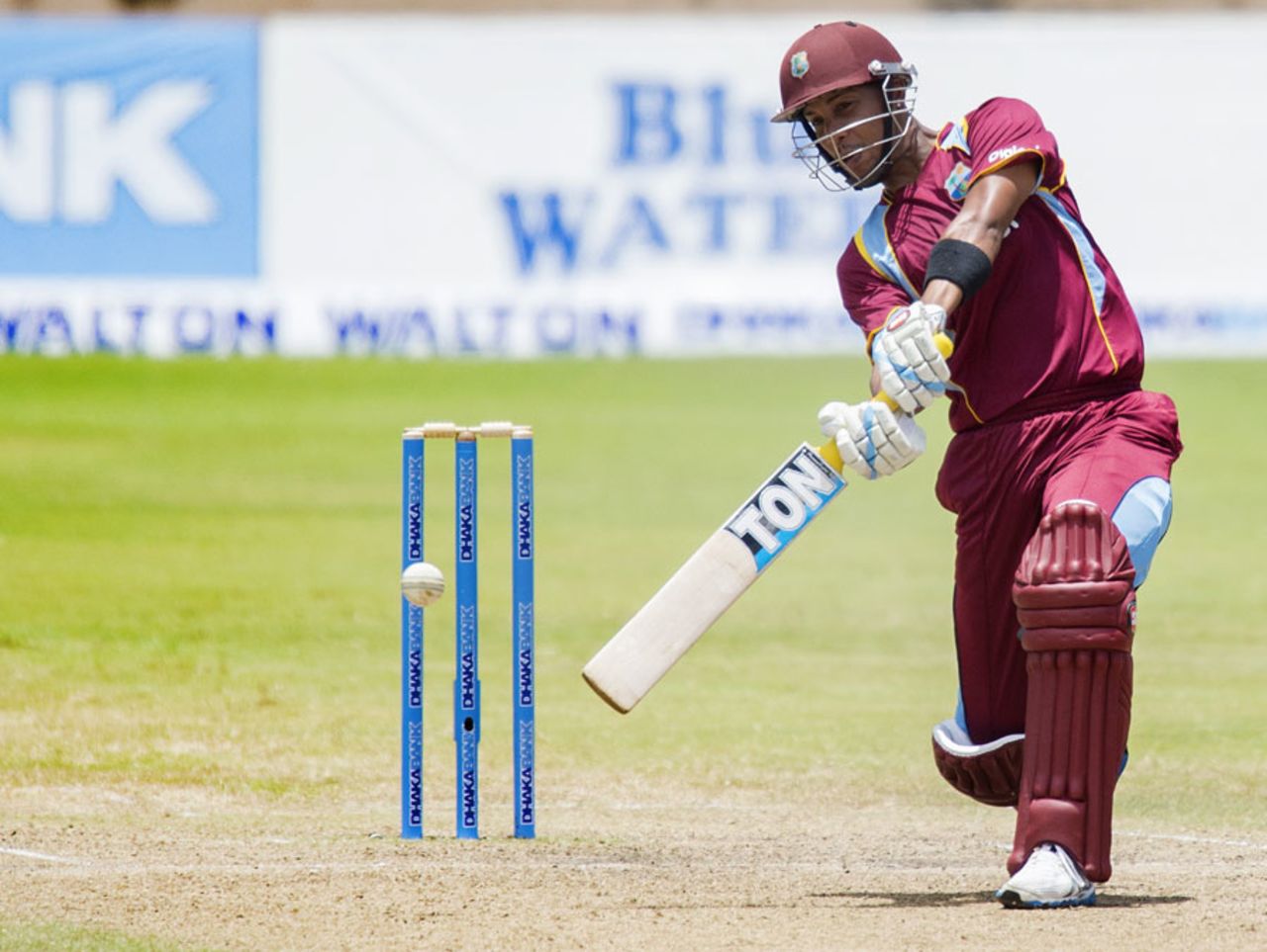Lendl Simmons launches the ball over the off side, West Indies v Bangladesh, 2nd ODI, St George's, Grenada, August 22, 2014