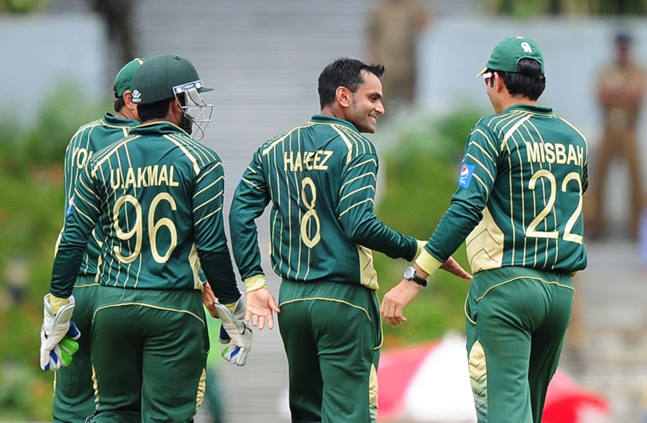 Mohammad Hafeez celebrates dismissing Kumar Sangakkara, Sri Lanka v Pakistan, 1st ODI, Hambantota, August 23, 2014
