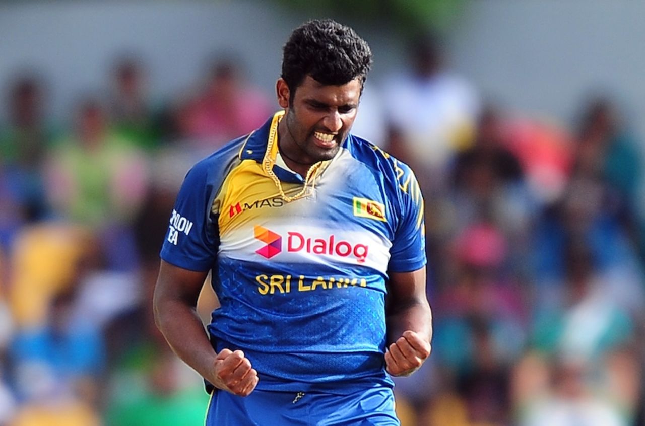 Thisara Perera exults after taking a wicket, Sri Lanka v Pakistan, 1st ODI, Hambantota, August 23, 2014