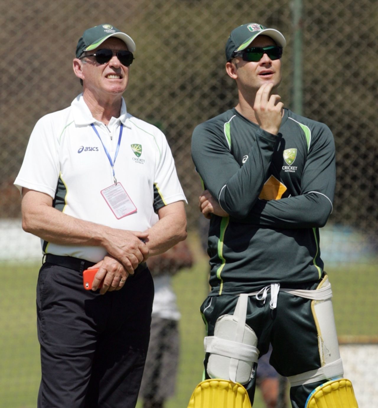 Selector Trevor Hohns with captain Michael Clarke at training, Harare, August 23, 2014