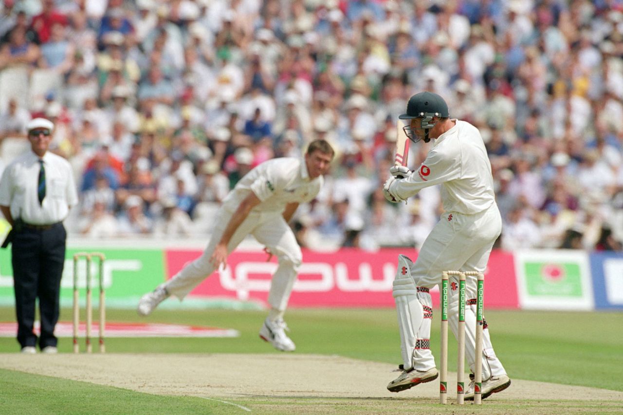 Michael Atherton looks uncomfortable facing Glenn McGrath, England v Australia, 1st Test, Edgbaston, 1st day, July 5, 2001