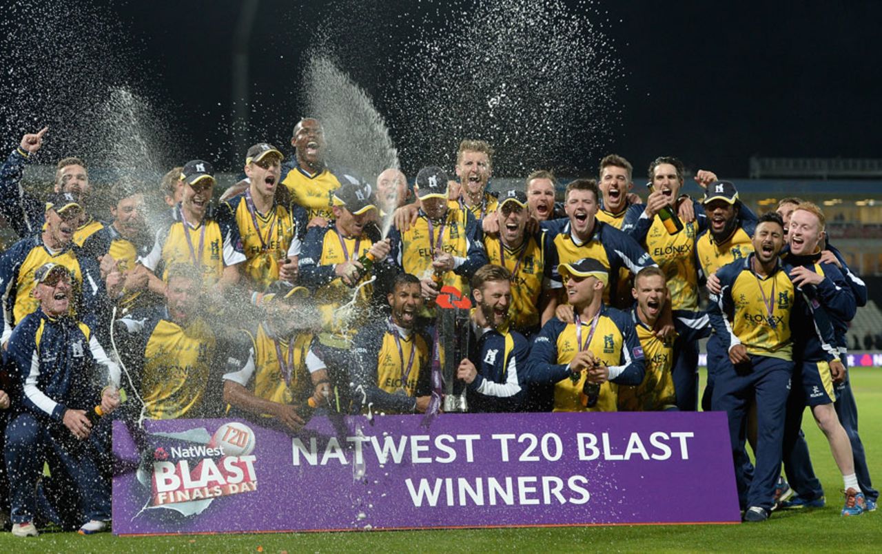 Pop go the champagne corks: Birmingham toast their victory, Birmingham v Lancashire, NatWest T20 Blast final, Edgbaston, August 23, 2014