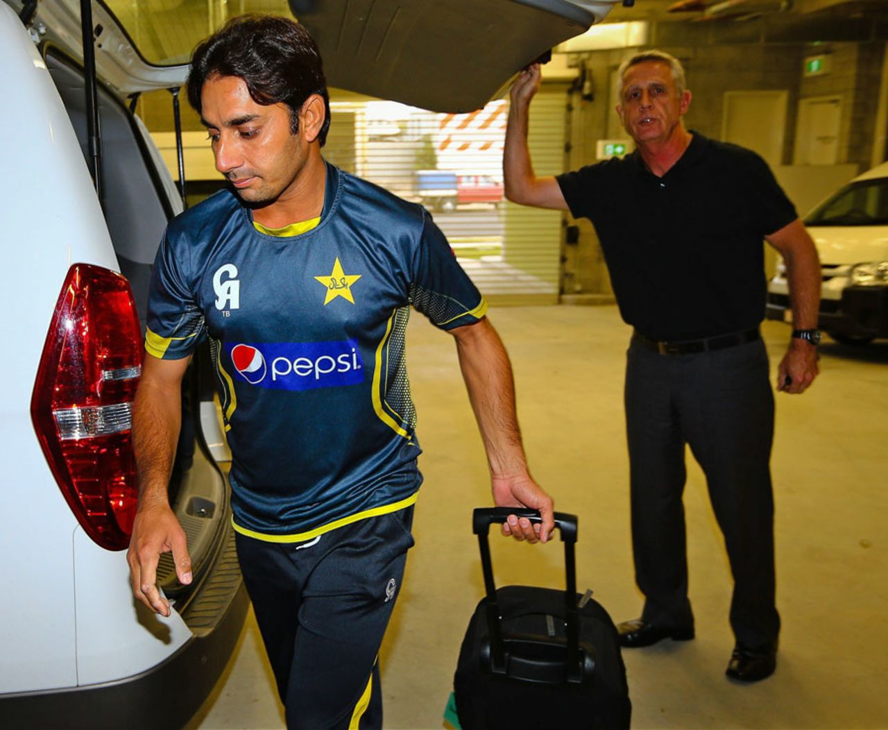Saeed Ajmal arrives at the National Cricket Centre to have his action tested, Brisbane, August 25, 2014