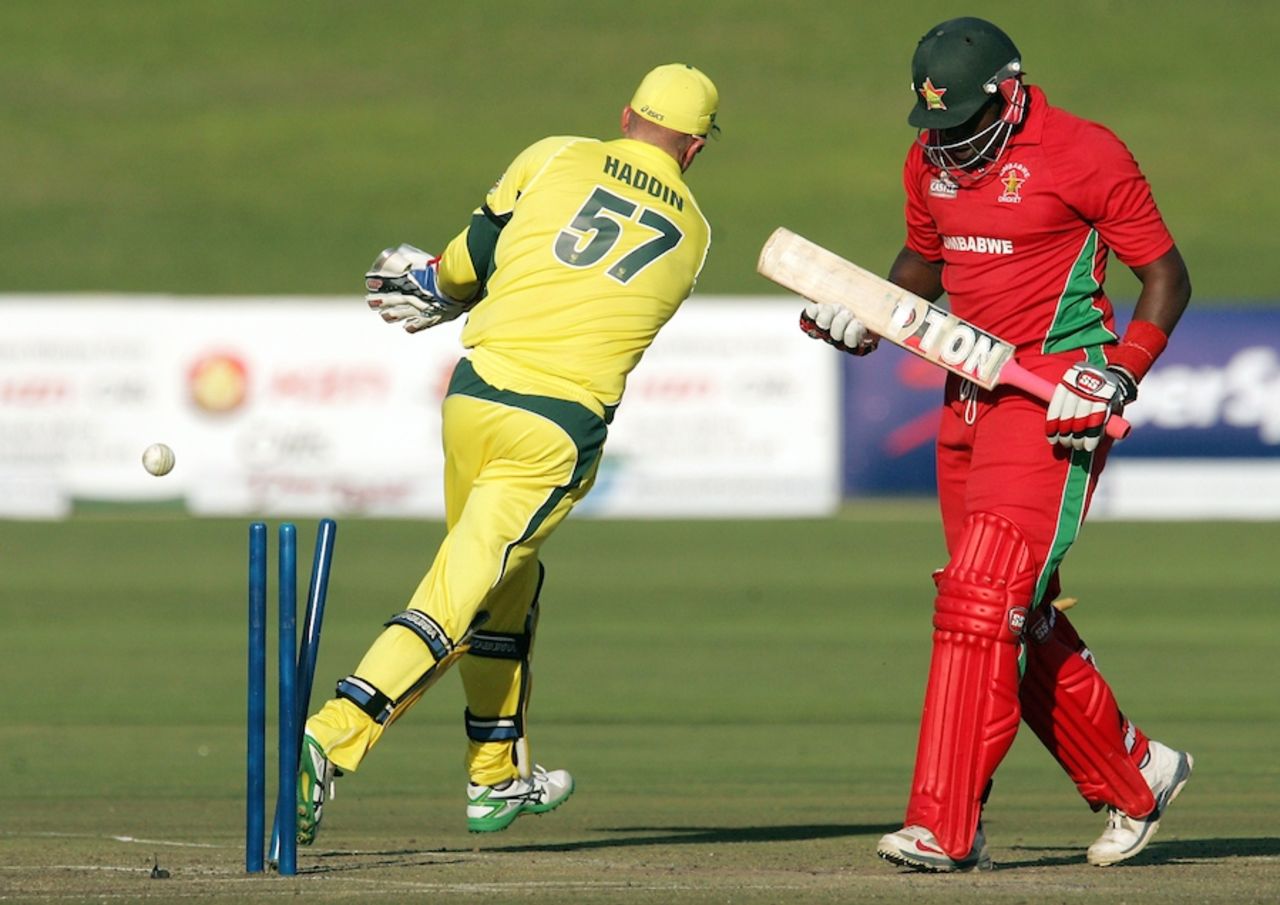 Hamilton Masakadza was stumped for 70, Zimbabwe v Australia, Tri-series, Harare, August 25, 2014