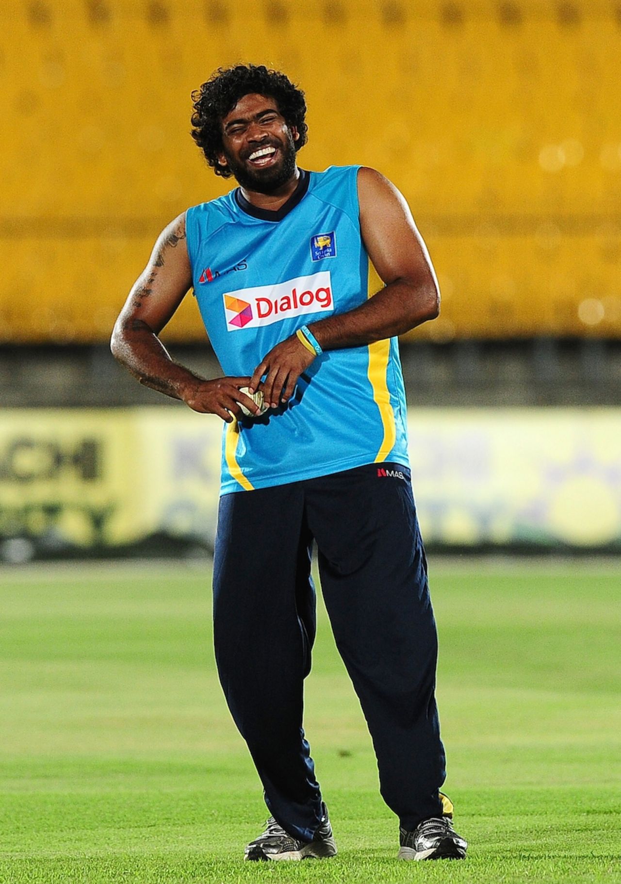 Lasith Malinga has a laugh during a practice session ahead of the second ODI, Hambantota, August 25, 2014