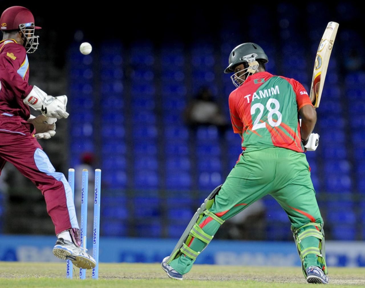 Tamim Iqbal was bowled by Sunil Narine for 55, West Indies v Bangladesh, 3rd ODI, Basseterre, St Kitts, August 25, 2014