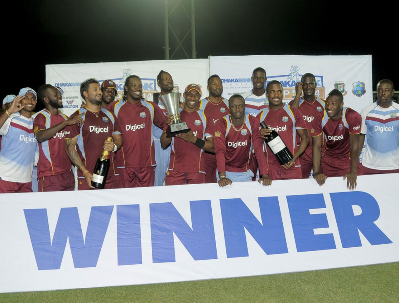 Captain Bravo and his men with the series trophy, West Indies v Bangladesh, 3rd ODI, Basseterre, St Kitts, August 25, 2014