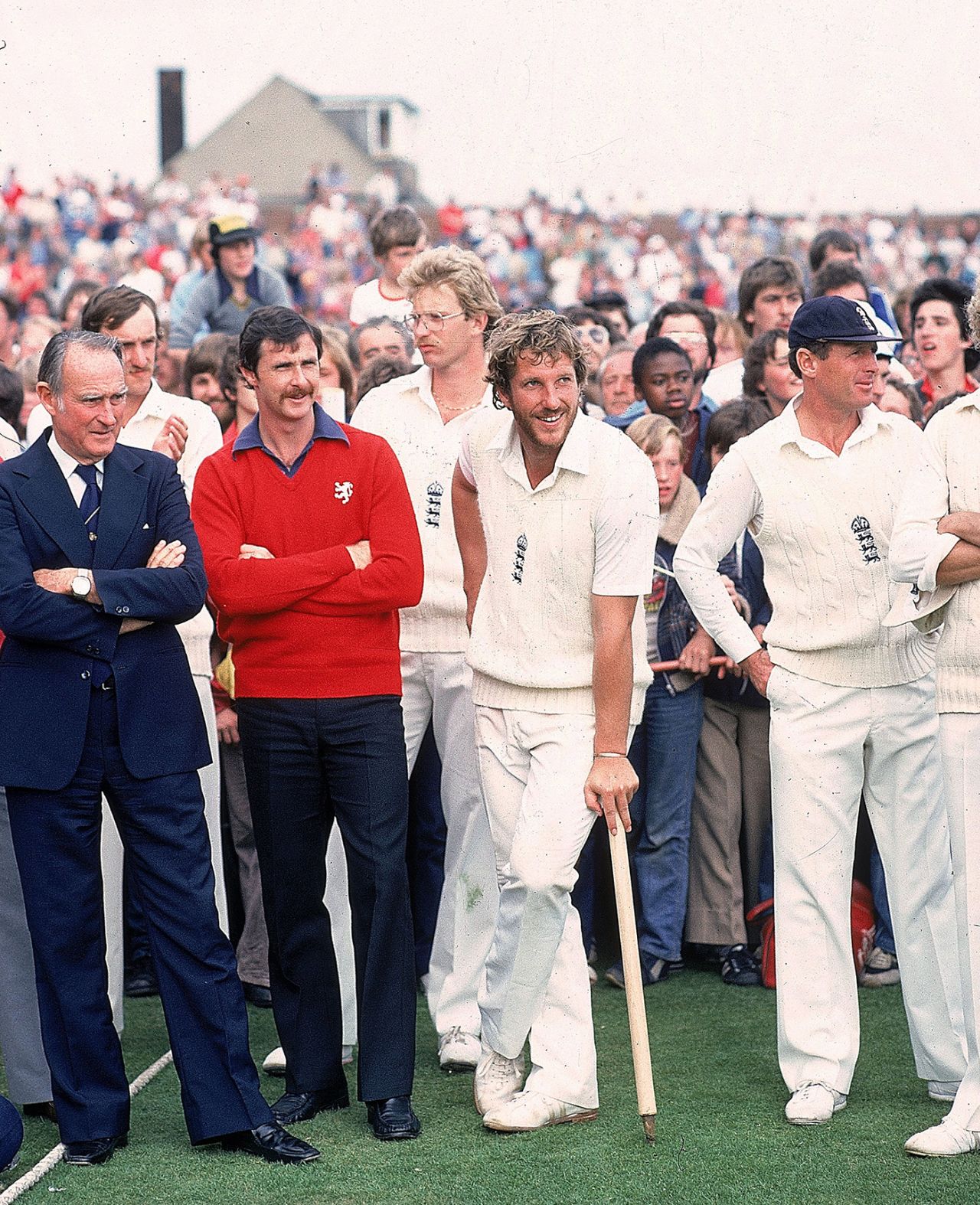 Graham Yallop (red sweater), Ian Botham and Geoff Boycott at the presentation, England v Australia, day five, fifth Test, August 17, 1981
