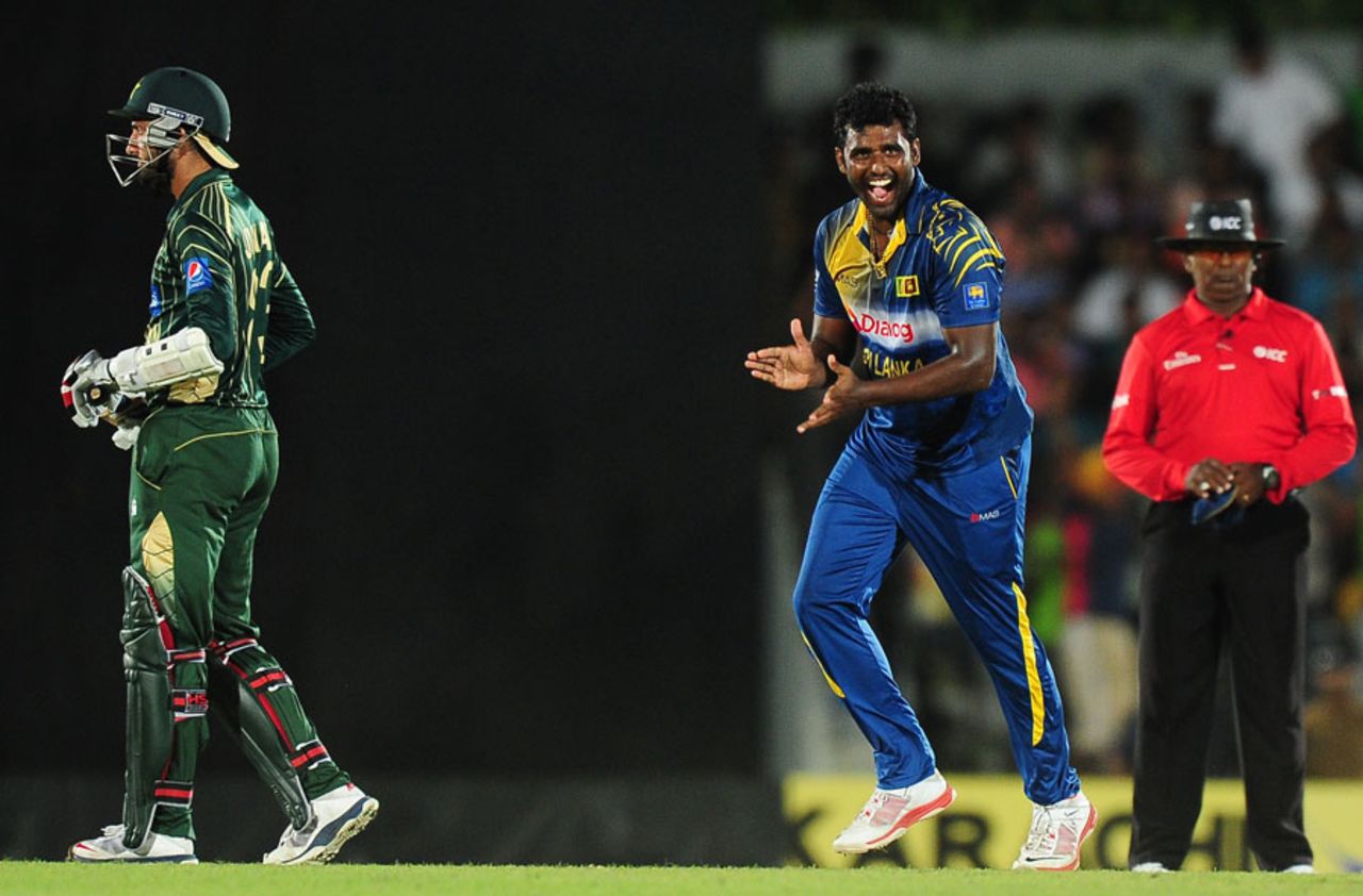 Thisara Perera celebrates a wicket, Sri Lanka v Pakistan, 2nd ODI, Hambantota, August 26, 2014