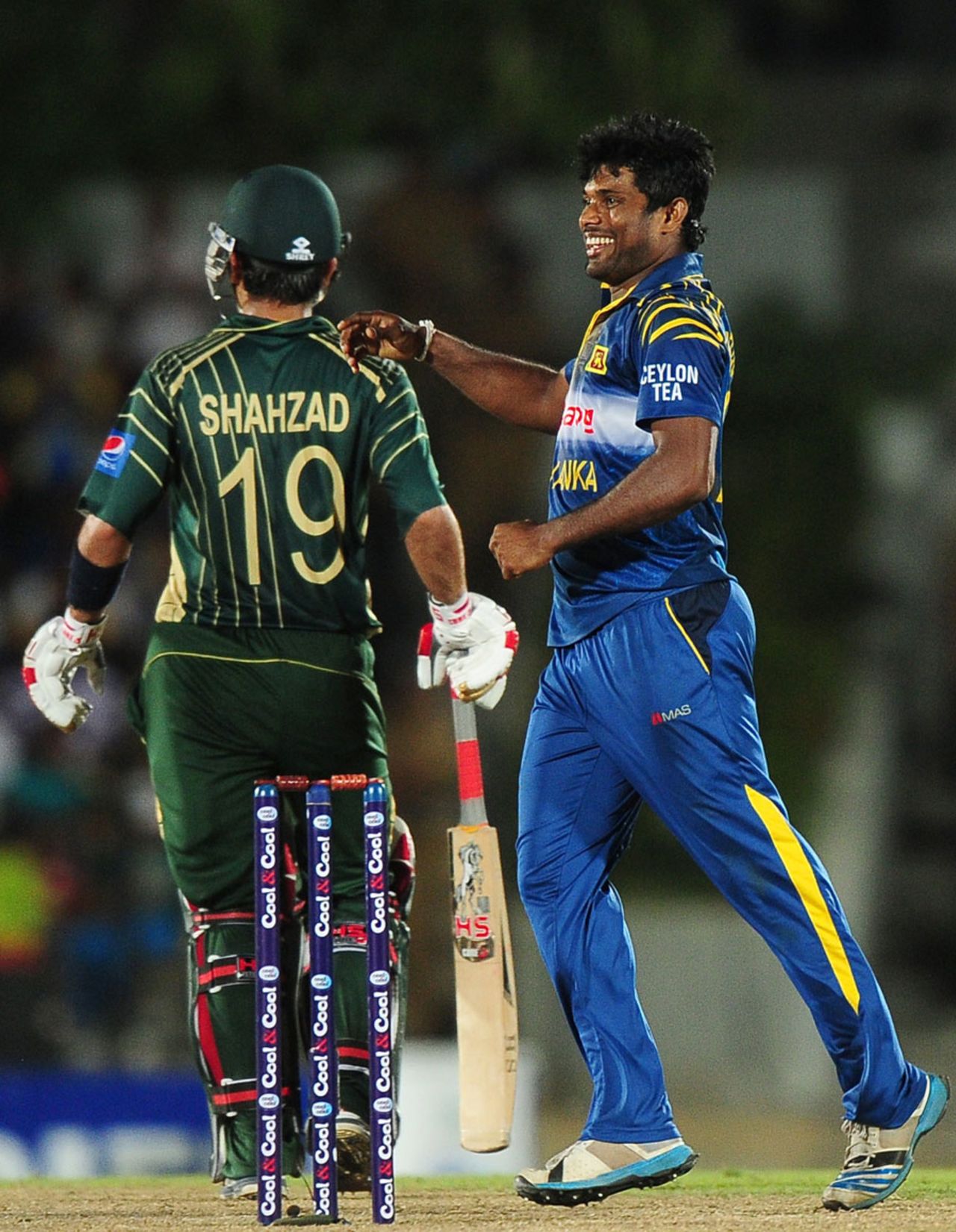 Seekkuge Prasanna exults after getting Ahmed Shehzad, Sri Lanka v Pakistan, 2nd ODI, Hambantota, August 26, 2014