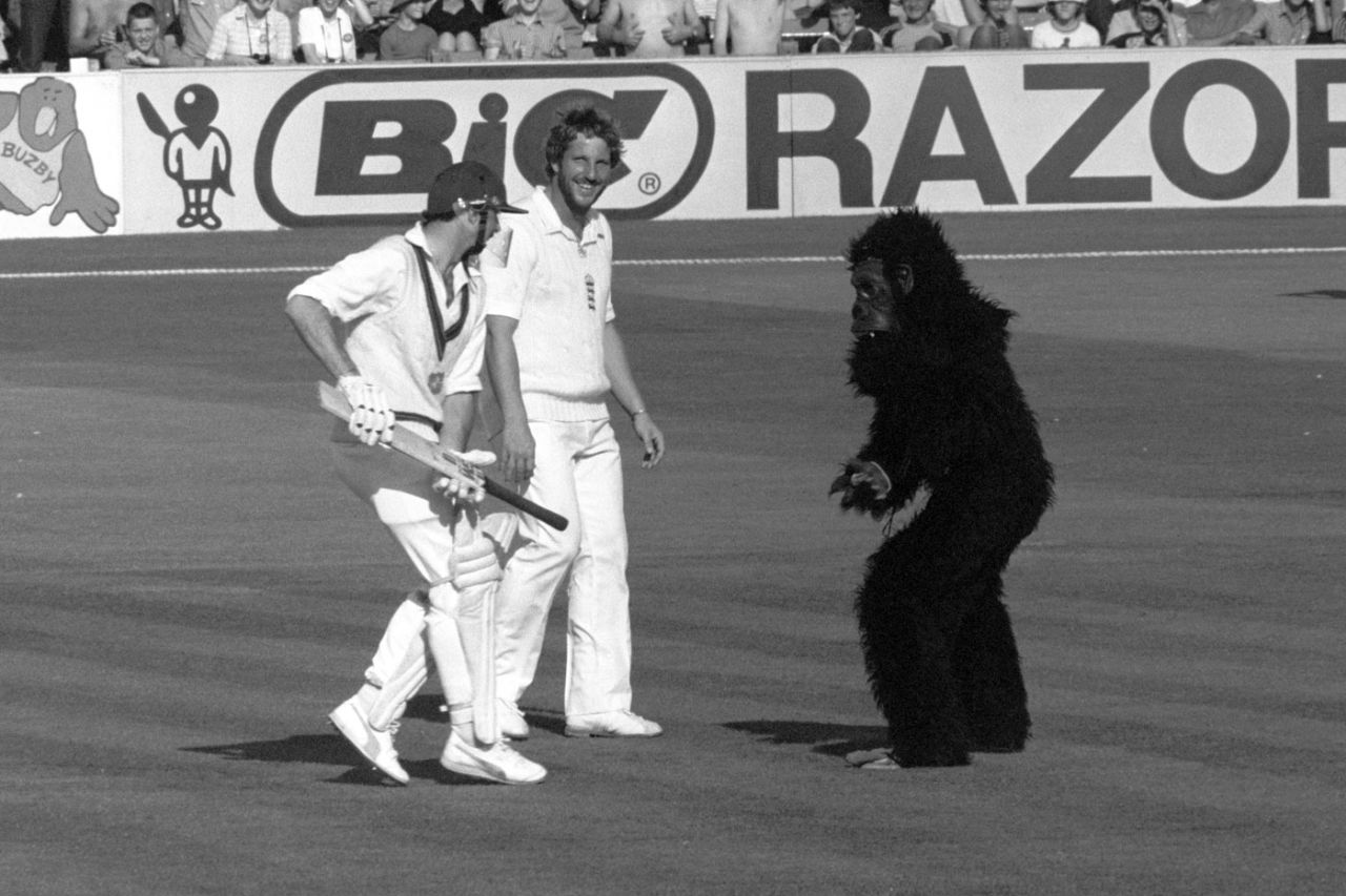 Ian Botham laughs as a fan dressed in a gorilla suit comes up to shake his hand, England v Australia, 5th Test, Old Trafford, 4th day, August 16, 1981