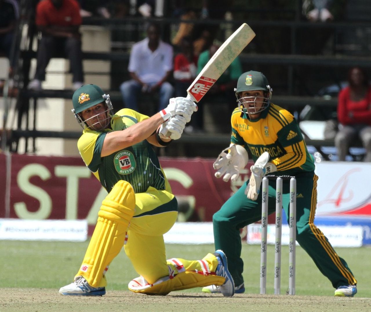 Aaron Finch plays the slog sweep, Australia v South Africa, tri-series, Harare, August 27, 2014