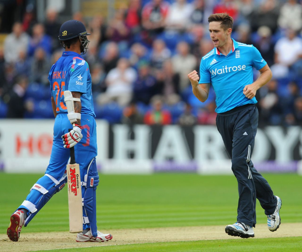 Chris Woakes is pleased after dismissing Shikhar Dhawan, 2nd ODI, England v India, Cardiff, August 27, 2014