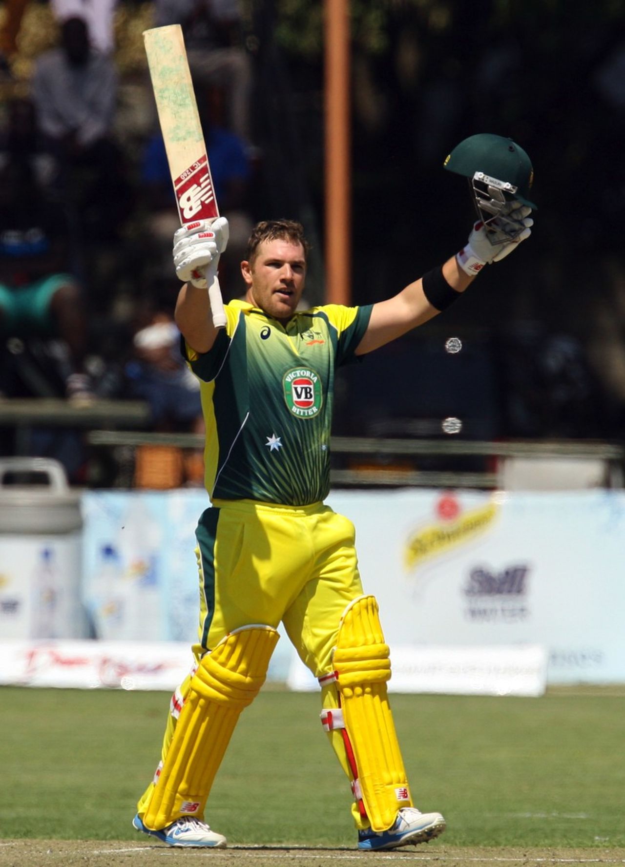 Aaron Finch celebrates his century, Australia v South Africa, tri-series, Harare, August 27, 2014