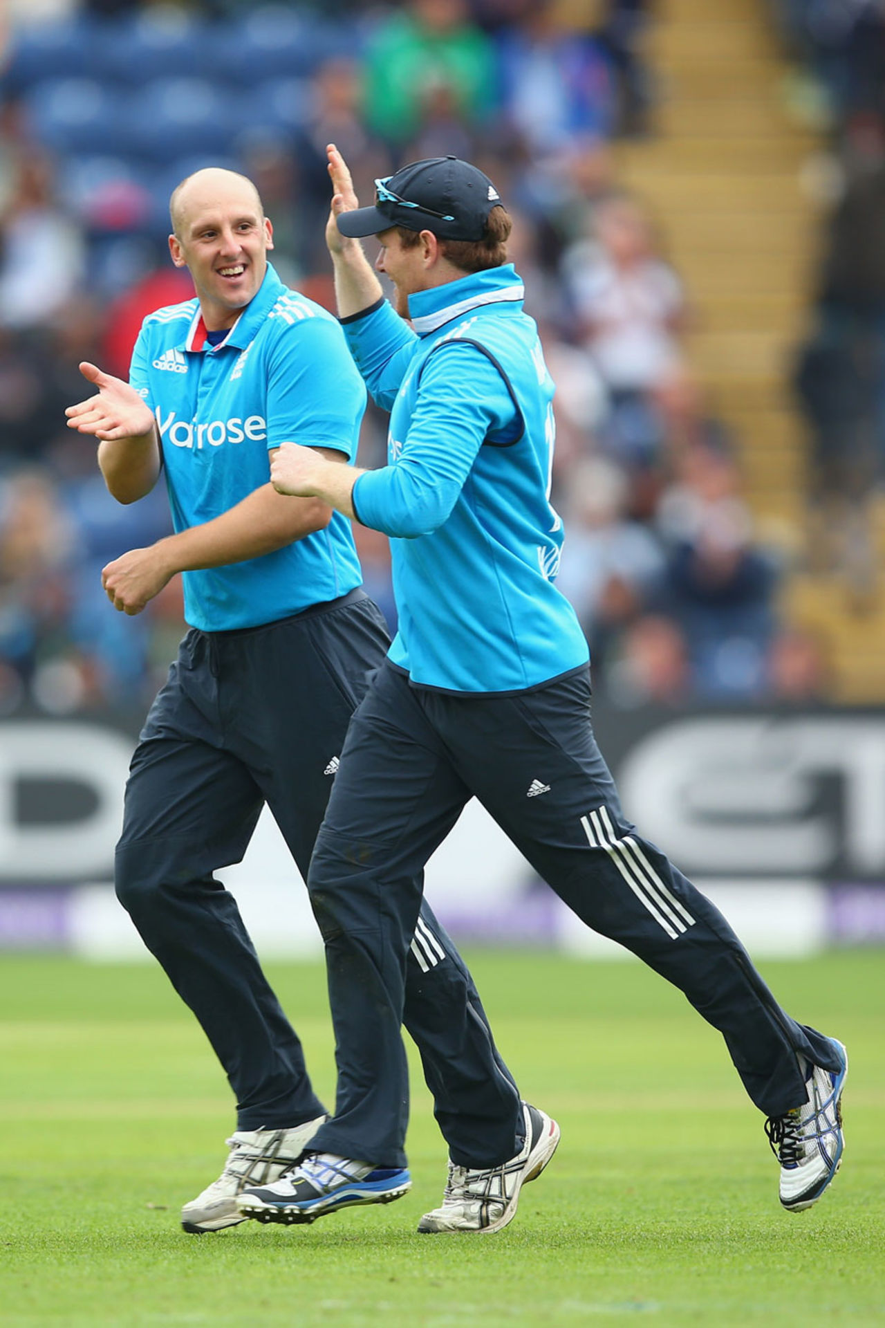 James Tredwell is congratulated after dismissing Rohit Sharma, England v India, 2nd ODI, Cardiff, August 27, 2014
