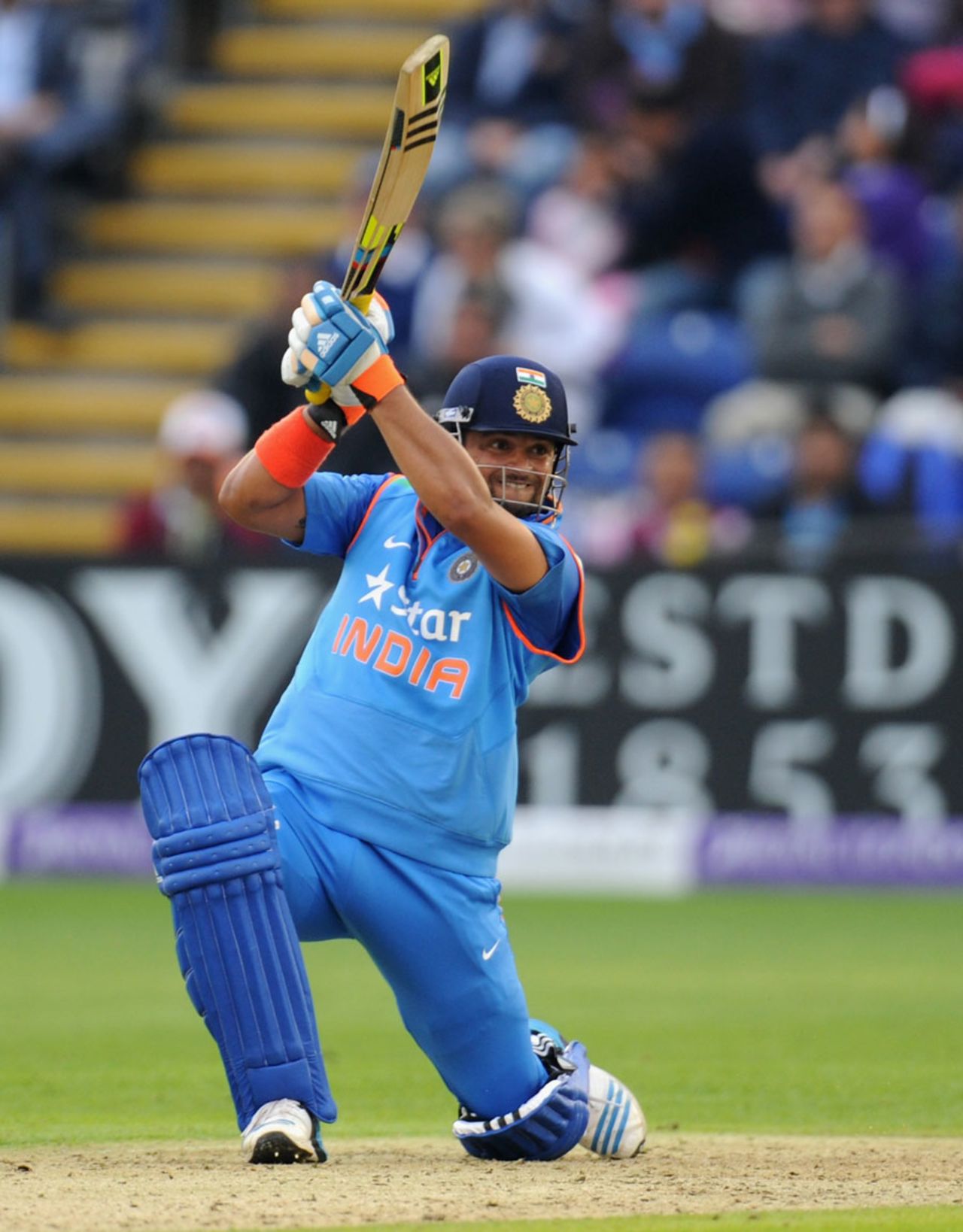 Suresh Raina launches an attack during his century, England v India, 2nd ODI, Cardiff, August 27, 2014