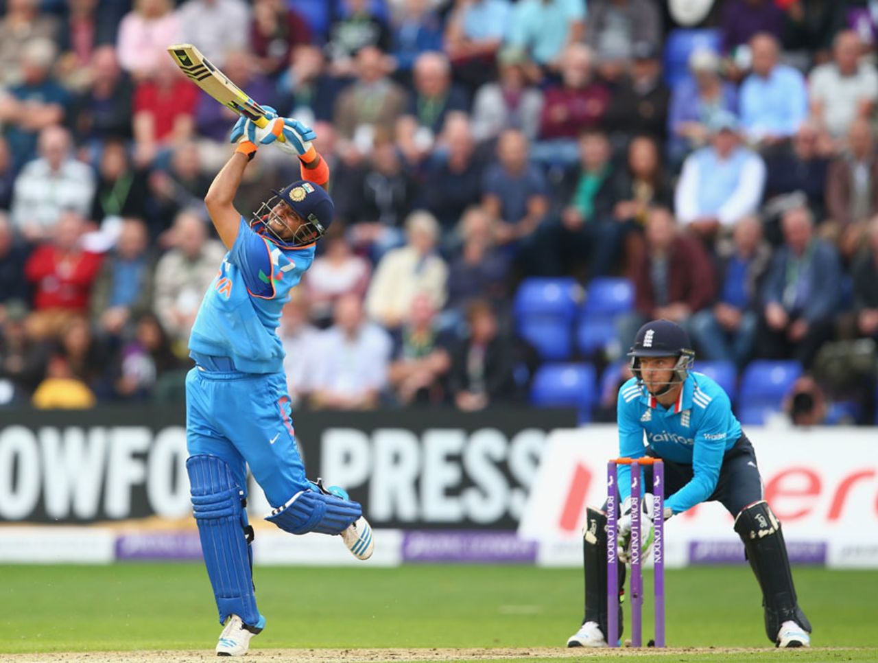 Suresh Raina goes over the top, England v India, 2nd ODI, Cardiff, August 27, 2014