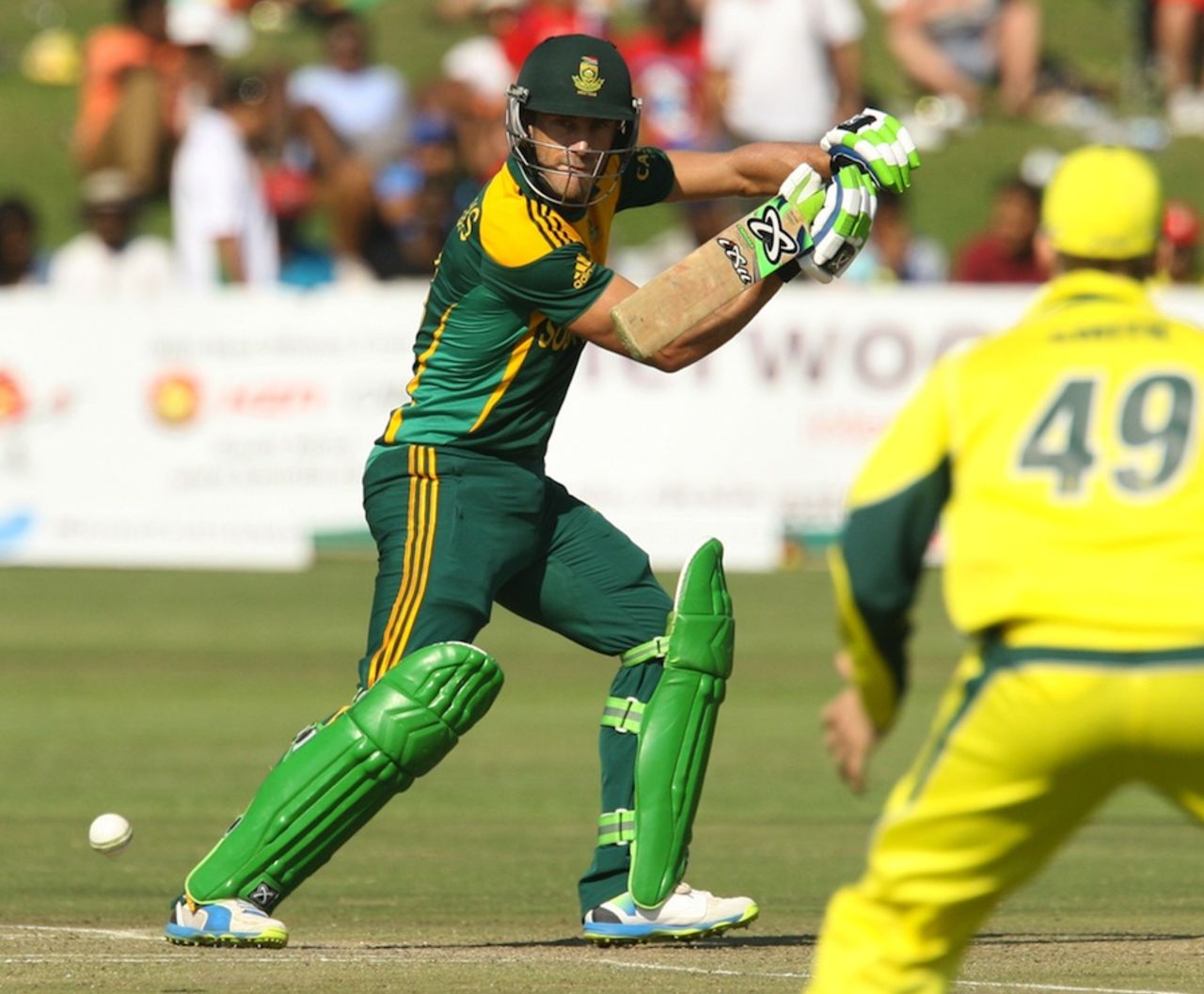 Faf du Plessis plays the ball towards point, Australia v South Africa, tri-series, Harare, August 27, 2014