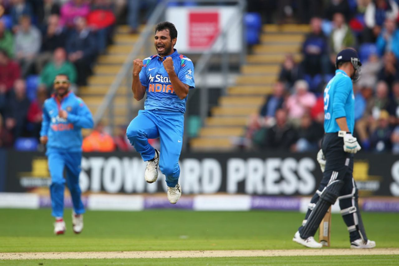 Mohammed Shami leaps in joy after bowling Ian Bell out, England v India, 2nd ODI, Cardiff, August 27, 2014