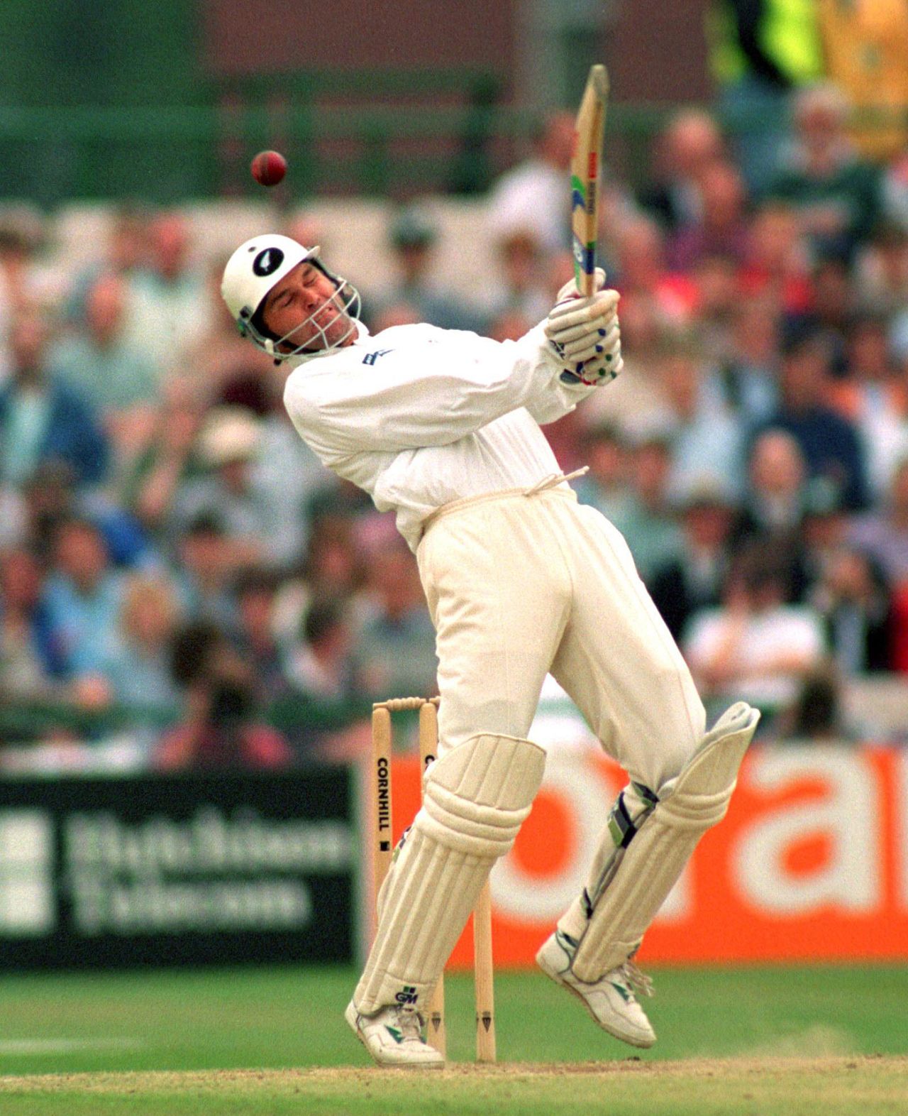 Martin Crowe sways away from a bouncer, England v New Zealand, 3rd Test, Old Trafford, 1994