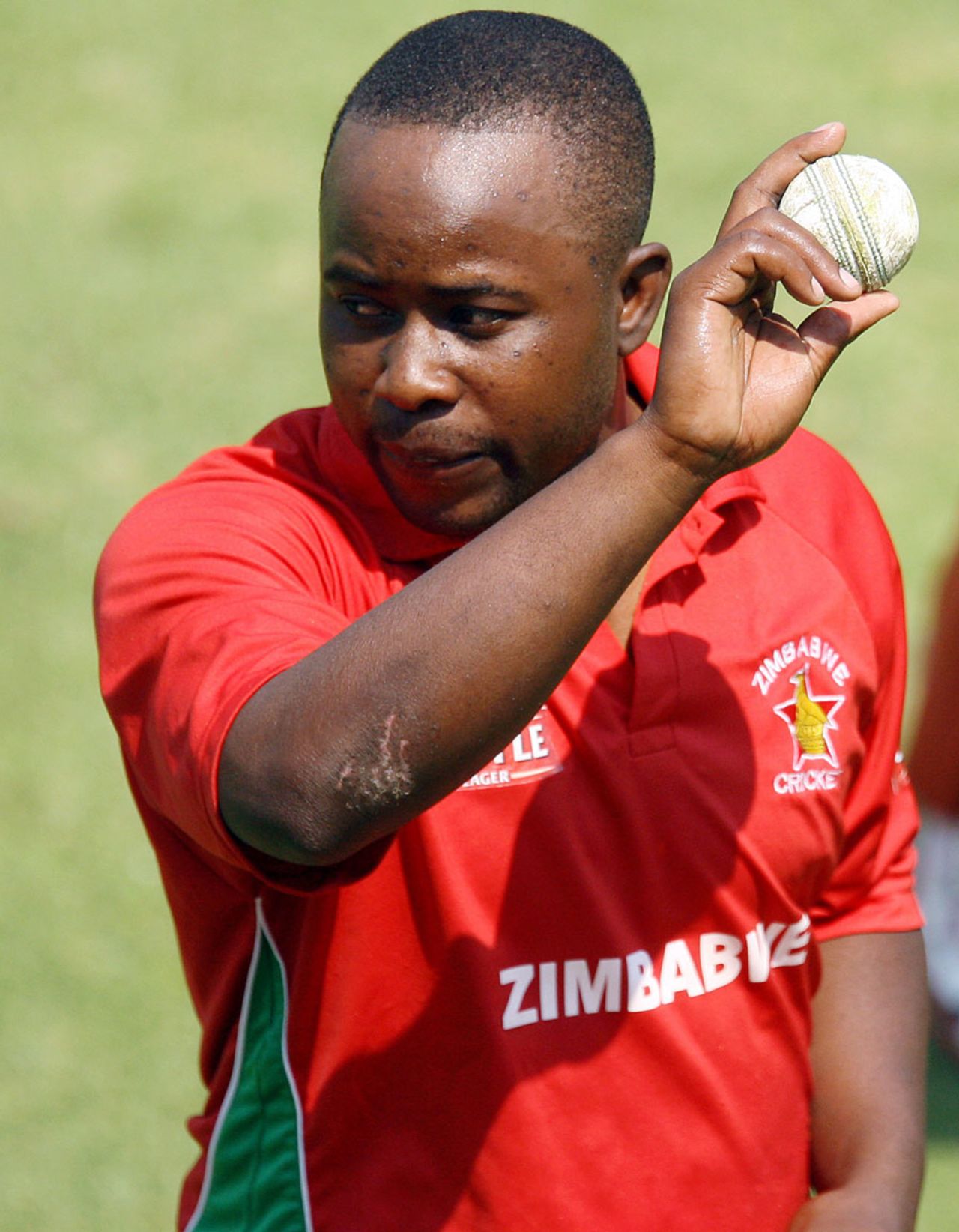 Prosper Utseya holds up the match ball after his five-for, Zimbabwe v South Africa, tri-series, Harare, August 29, 2014