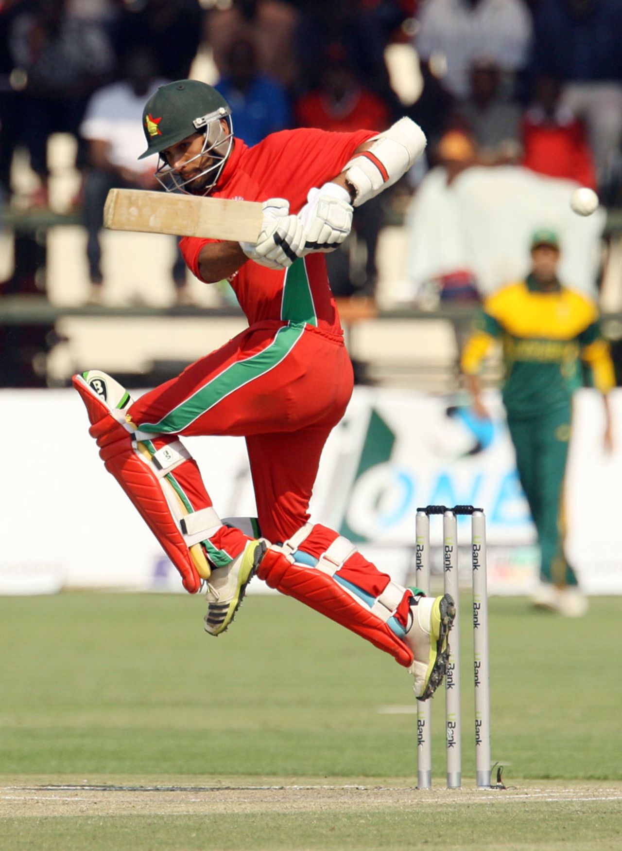 Sikandar Raza fends off a short ball, Zimbabwe v South Africa, tri-series, Harare, August 29, 2014
