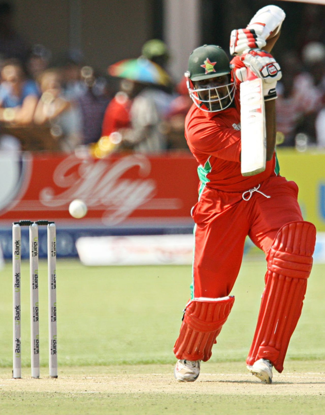 Hamilton Masakadza pushes down the ground, Zimbabwe v South Africa, tri-series, Harare, August 29, 2014