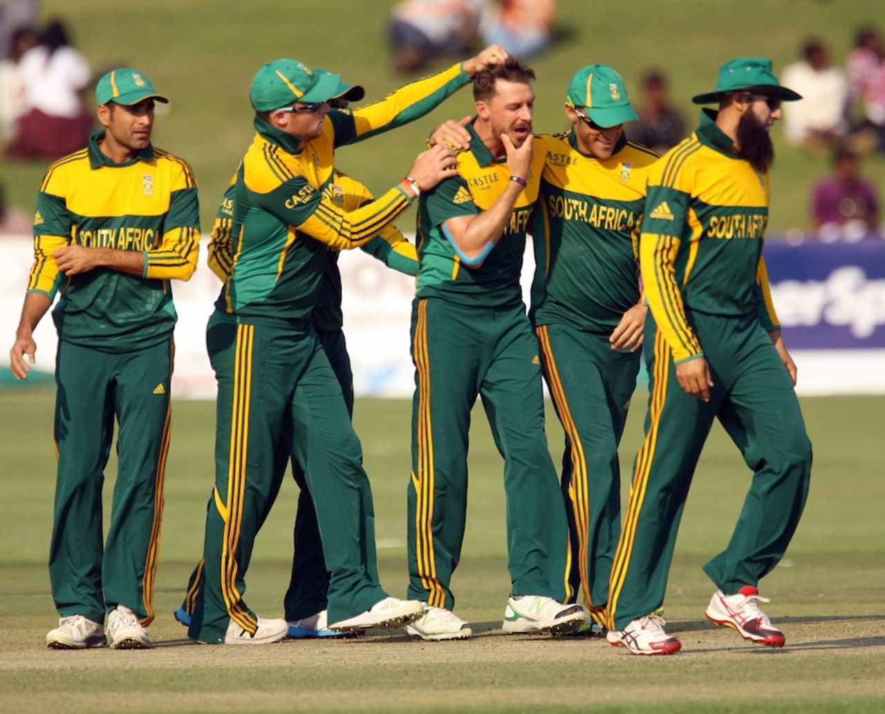 Dale Steyn is congratulated in a unique way after a wicket, Zimbabwe v South Africa, tri-series, Harare, August 29, 2014