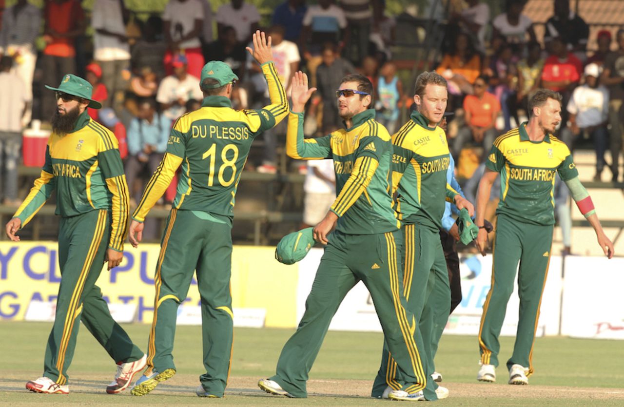 South Africa players celebrate their win over Zimbabwe, Zimbabwe v South Africa, tri-series, Harare, August 29, 2014
