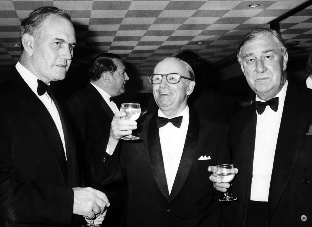 Sir Don Bradman (centre) with two old former England players, Alec Bedser (left) and Norman Yardley at a Lord's Taverners charity evening in London's Hilton hotel, May 13, 1974