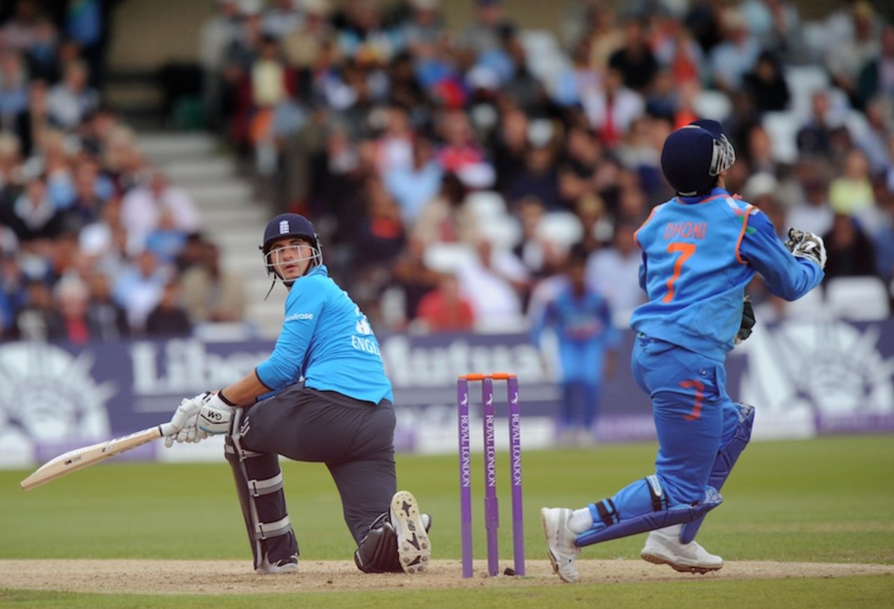 Alex Hales looks back after top-edging one to MS Dhoni, England v India, 3rd ODI, Trent Bridge, August 30, 2014