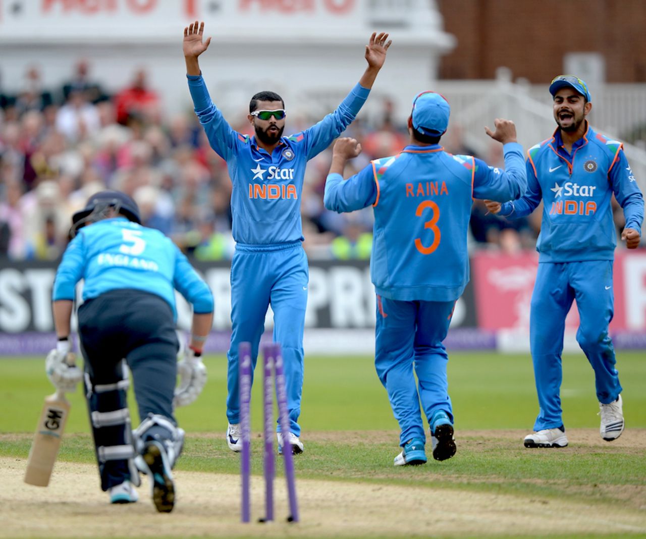 Ravindra Jadeja celebrates the stumping while Joe Root looks towards the leg umpire, England v India, 3rd ODI, Trent Bridge, August 30, 2014
